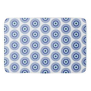 Aztec Greek Circle Key Evil Eye Pattern Blue Bath Mat