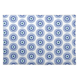 Aztec Greek Circle Key Evil Eye Pattern Blue Cloth Placemat