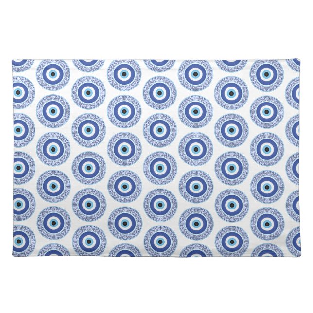 Aztec Greek Circle Key Evil Eye Pattern Blue Cloth Placemat (Front)