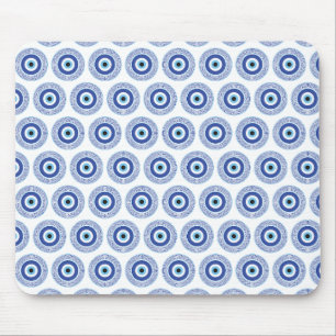 Aztec Greek Circle Key Evil Eye Pattern Blue Mouse Pad
