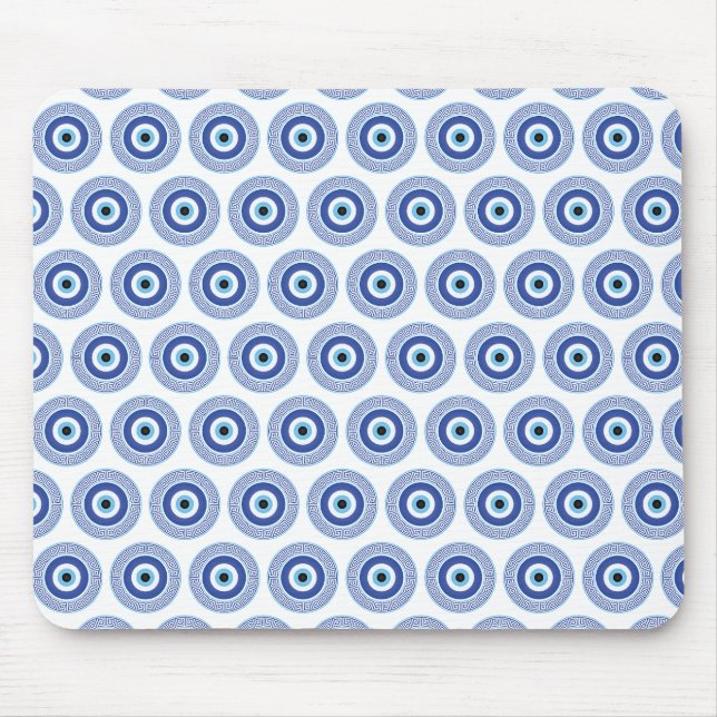Aztec Greek Circle Key Evil Eye Pattern Blue Mouse Pad (Front)