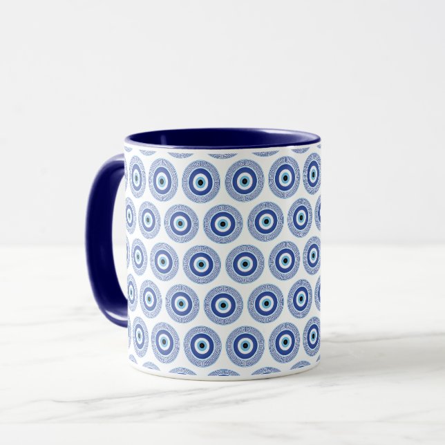 Aztec Greek Circle Key Evil Eye Pattern Blue Mug (Front Left)
