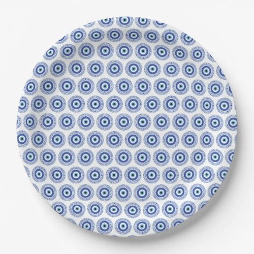 Aztec Greek Circle Key Evil Eye Pattern Blue Paper Plates