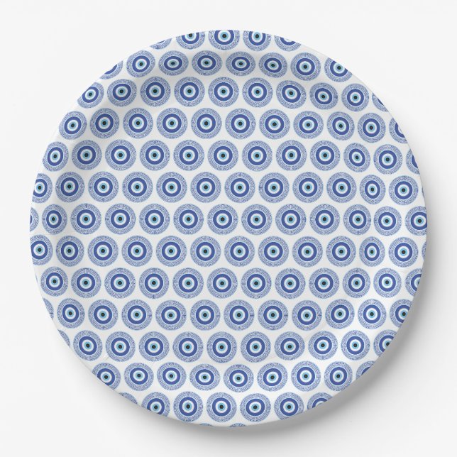 Aztec Greek Circle Key Evil Eye Pattern Blue Paper Plates (Front)