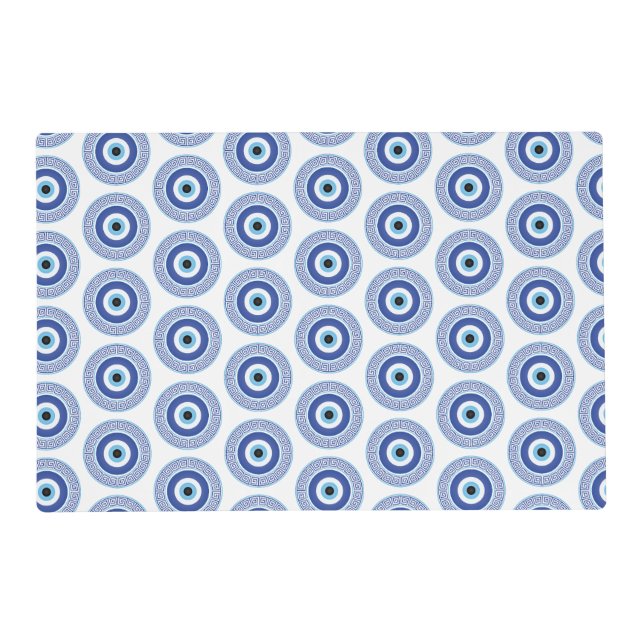 Aztec Greek Circle Key Evil Eye Pattern Blue Placemat (Front)