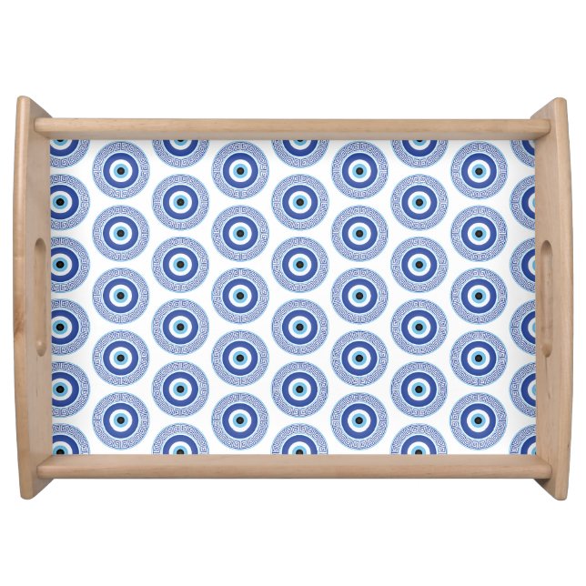 Aztec Greek Circle Key Evil Eye Pattern Blue Serving Tray (Front)