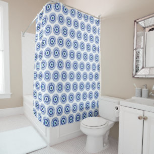 Aztec Greek Circle Key Evil Eye Pattern Blue Shower Curtain