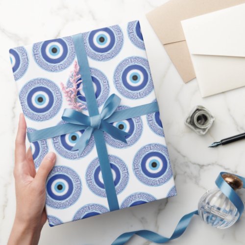 Aztec Greek Circle Key Evil Eye Pattern Blue Wrapping Paper
