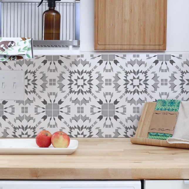 Aztec Grey White Geometric Ikat Boho Tribal Ceramic Tile (Tiles when put together and each rotated the right way create this beautiful pattern.)