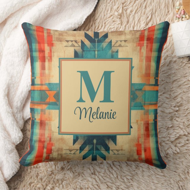 Aztec Grunge Pattern Custom Name and Monogram Throw Pillow (Blanket)
