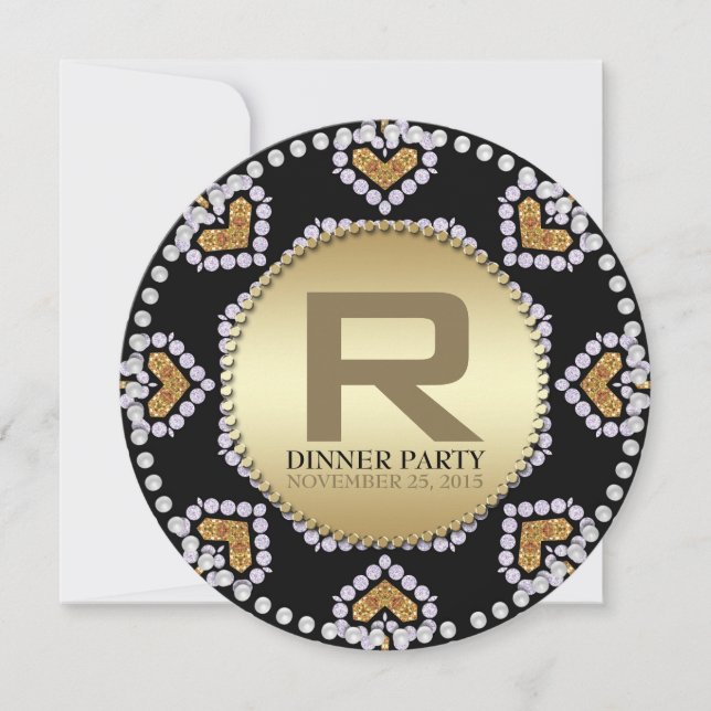 Aztec Hearts Gold Black Dinner Party round invites (Front)