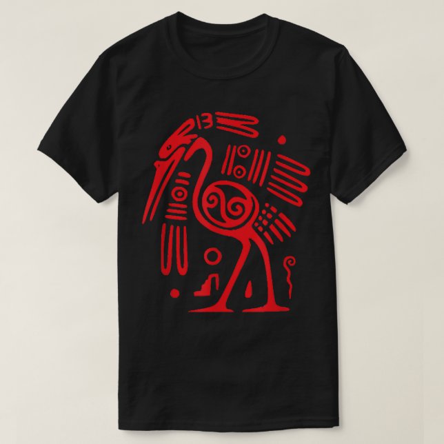 Aztec Incan or Mayan Style Red Heron Art T Shirt  (Design Front)