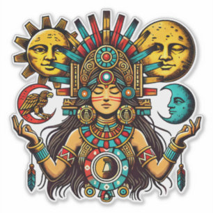 Aztec Indian woMan princess sun moon Folk art Sticker