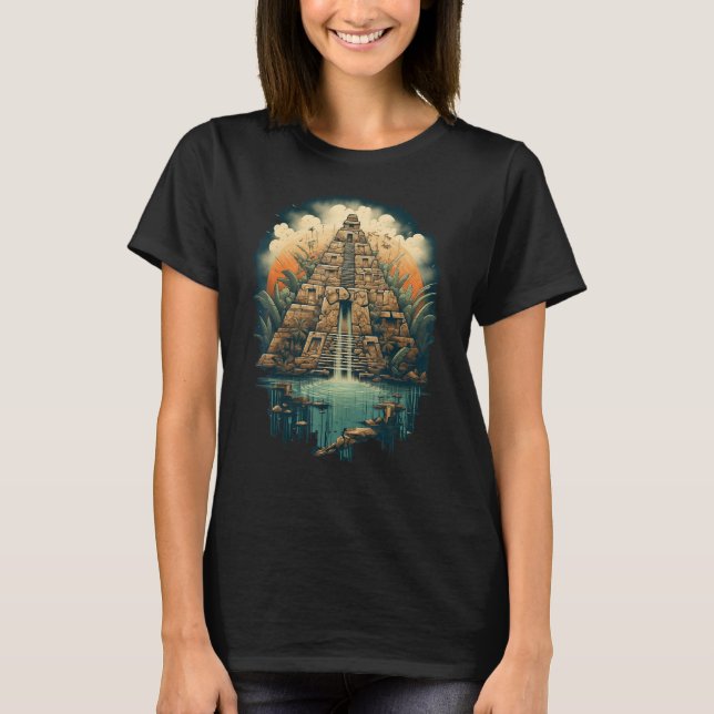 Aztec Inka Maya Mystic Jungle Temple Pyramid Graph T-Shirt (Front)