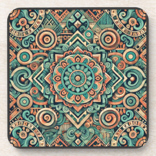 Aztec-Inspired Teal and Terracotta Pattern Beverage Coaster