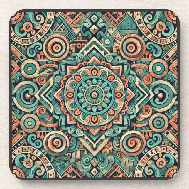 Aztec-Inspired Teal and Terracotta Pattern Beverage Coaster (Front)