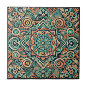 Aztec-Inspired Teal and Terracotta Pattern Ceramic Tile