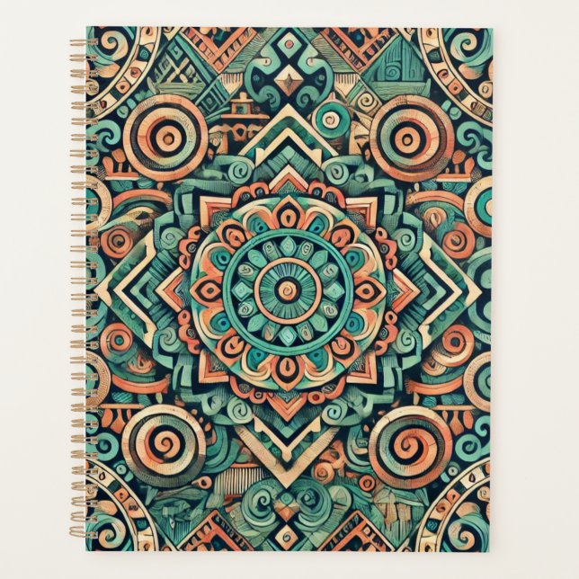 Aztec-Inspired Teal and Terracotta Pattern Planner (Front)