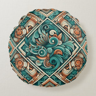 Aztec-Inspired Teal and Terracotta Pattern Round Pillow