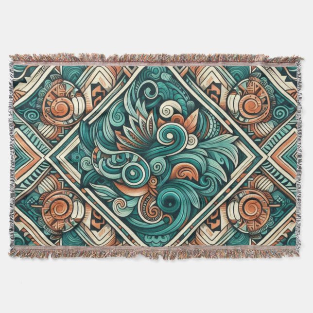 Aztec-Inspired Teal and Terracotta Pattern Throw Blanket (Front)