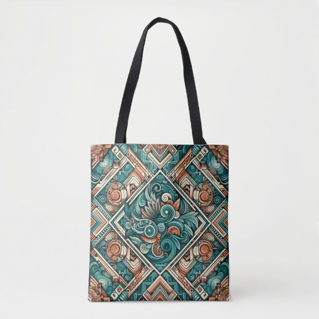 Aztec-Inspired Teal and Terracotta Pattern Tote Bag (Front)