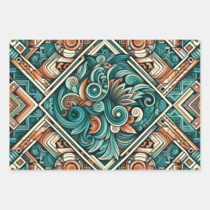 Aztec-Inspired Teal and Terracotta Pattern Wrapping Paper Sheets