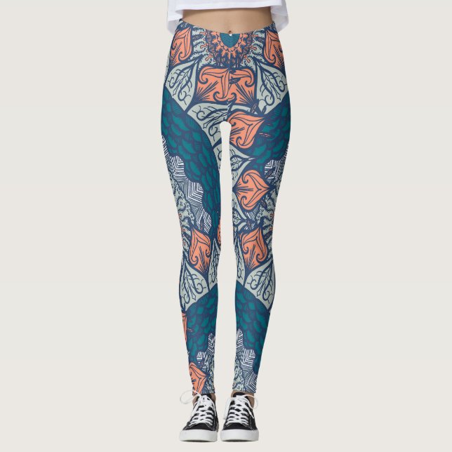 Aztec Mandala teal and orange boho yoga leggings (Front)