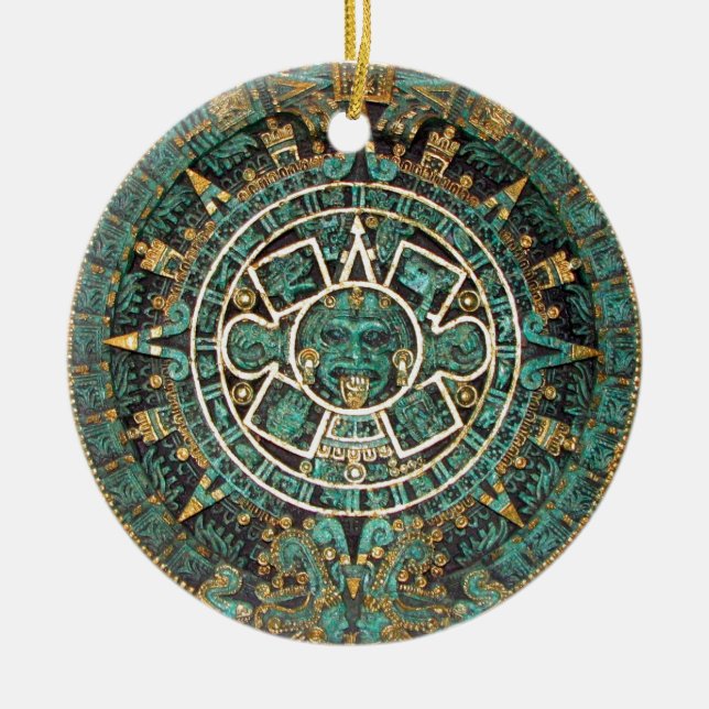 Aztec Mayan Ancient Round Disk Calendar Ceramic Ornament (Front)