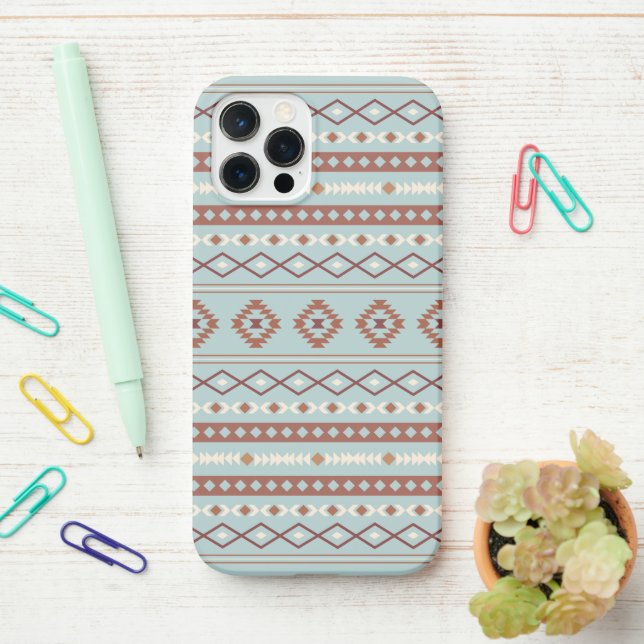 Aztec Mixed Motif Pattern Rusts Cream Blue iPhone Case (On Desk)
