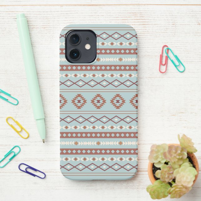 Aztec Mixed Motif Pattern Rusts Cream Blue iPhone Case (On Desk)