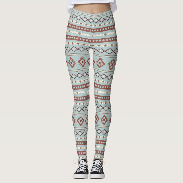 Aztec Mixed Motif Pattern Rusts Cream Blue Leggings (Front)