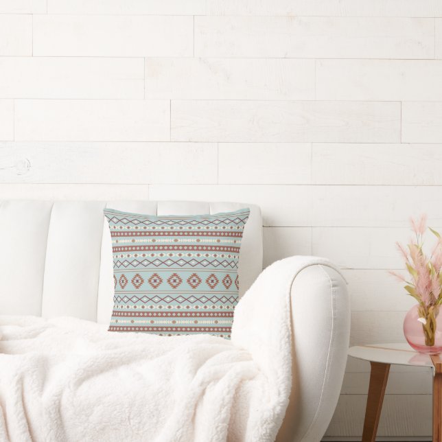 Aztec Mixed Motif Pattern Rusts Cream Blue Throw Pillow (Couch)
