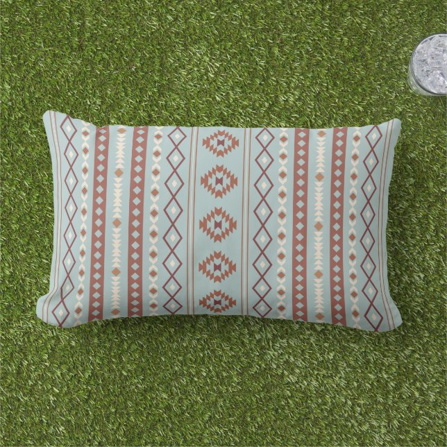Aztec Mixed Motif V Pattern Rusts Cream Blue Lumbar Pillow (Grass)