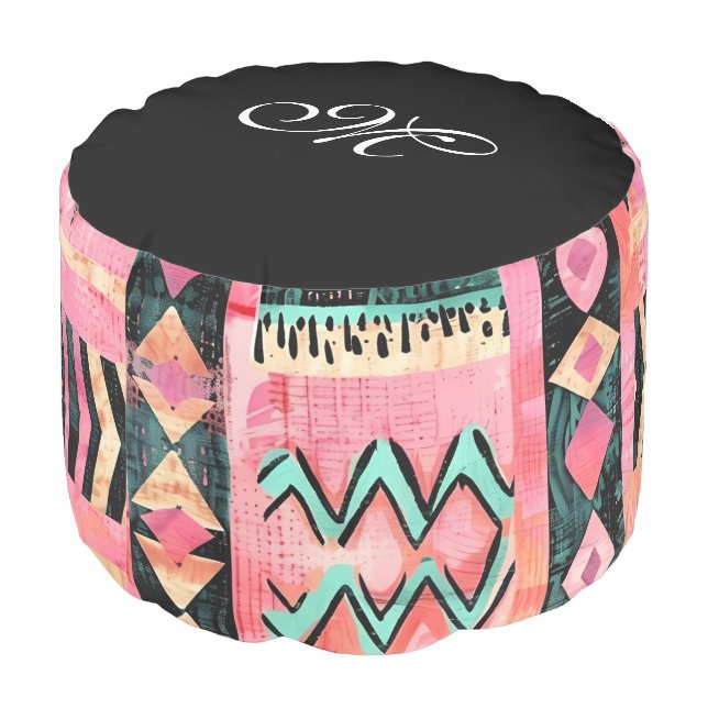 *~* AZTEC MONOGRAM Bright Happy Colors Pouf (Angled Back)