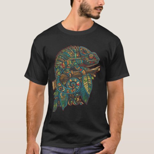 Aztec Mosaic Chameleon Leaves Bright Colour T_Shirt