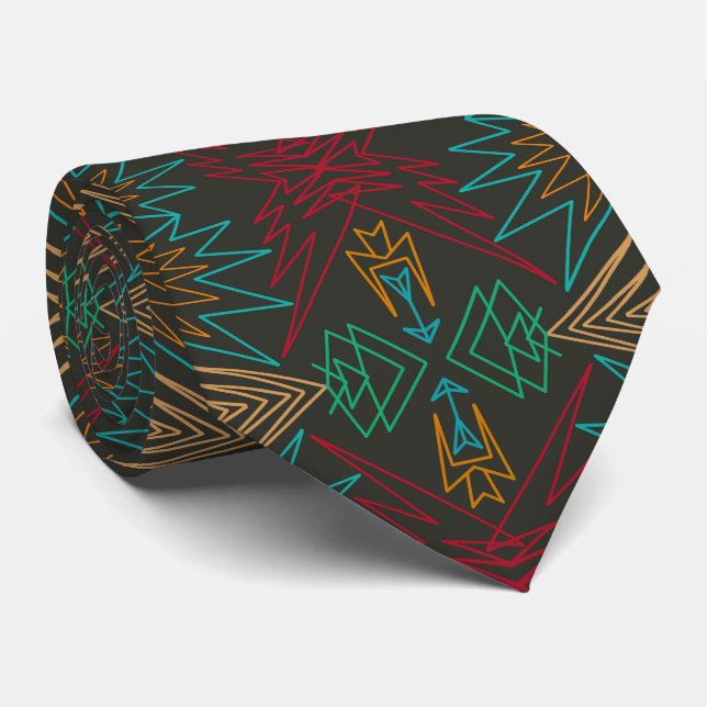 Aztec Native American Geometric Lined Pattern Art Neck Tie (Rolled)