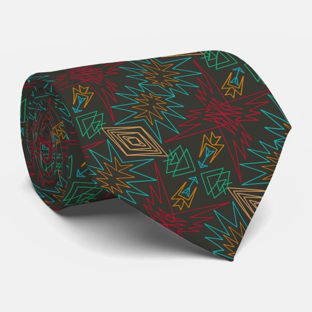 Aztec Native American Geometric Lined Pattern Art Neck Tie (Rolled)