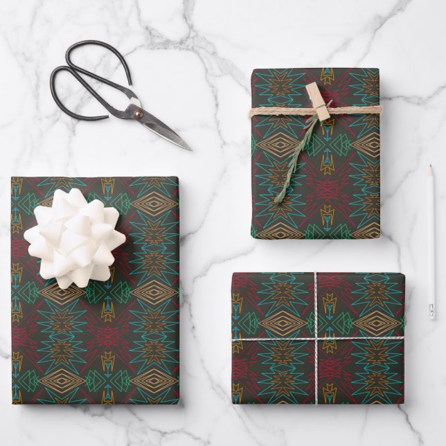 Aztec Native American Geometric Lined Pattern Art Wrapping Paper Sheets (Front)