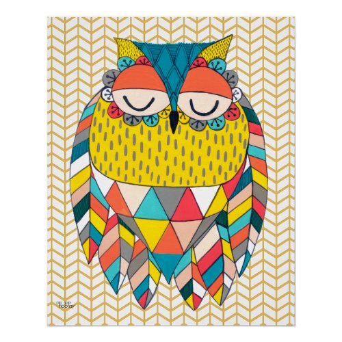 Aztec Owl Tribal Bird Patterned Bold Illustration Poster