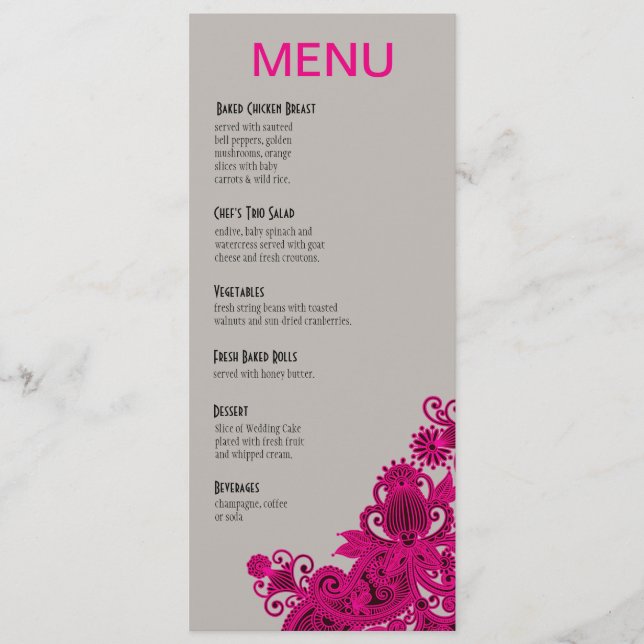 Aztec Paisley Dinner Menu fuschia grey (Front)