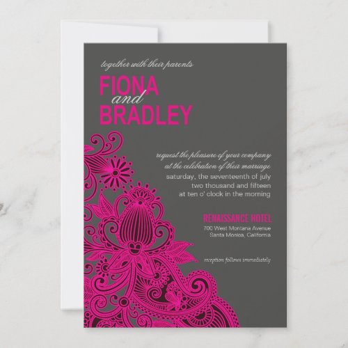 Aztec Paisley Wedding fuschia charcoal Invitation