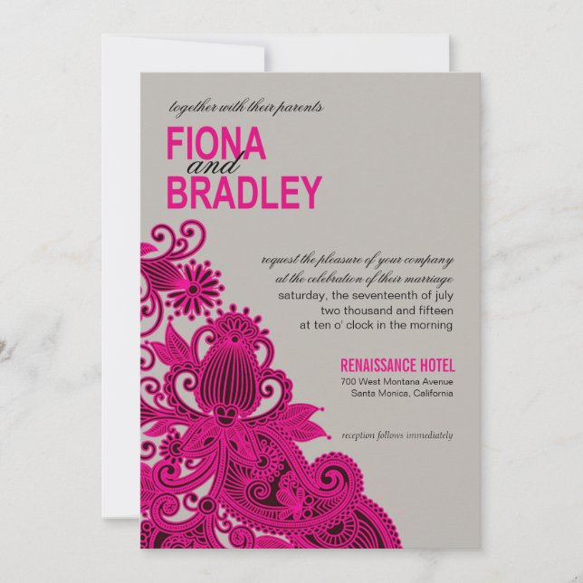 Aztec Paisley Wedding fuschia grey Invitation (Front)