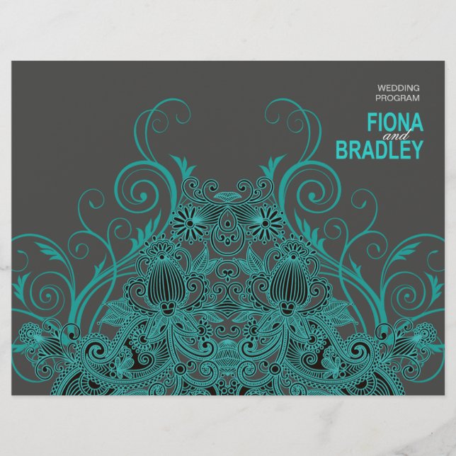 Aztec Paisley Wedding Program - teal charcoal (Front)