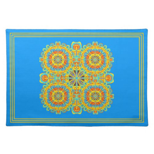 Aztec Pattern Blue Orange Gold Hand Drawn Art Cloth Placemat