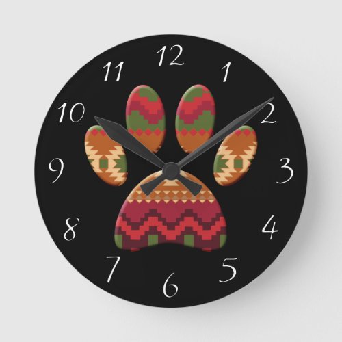 Aztec Pattern Dog Paw Round Clock