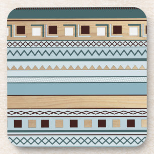 Aztec Pattern in Blue and Wood Grain Beverage Coaster