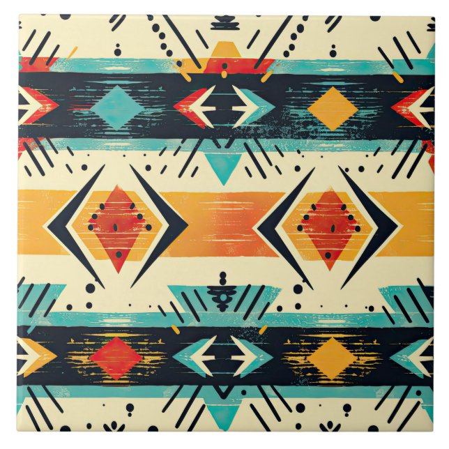 Aztec pattern retro geometric abstract teal orange ceramic tile (Front)