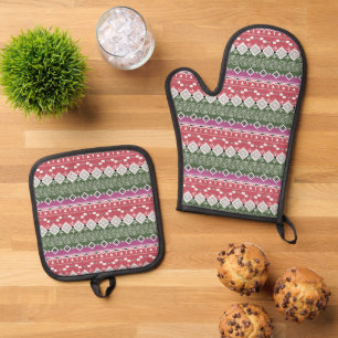 Aztec pattern, stripes / oven mitt & pot holder set