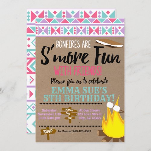 Aztec Pink Teal Smore fun with friends Birthday Invitation