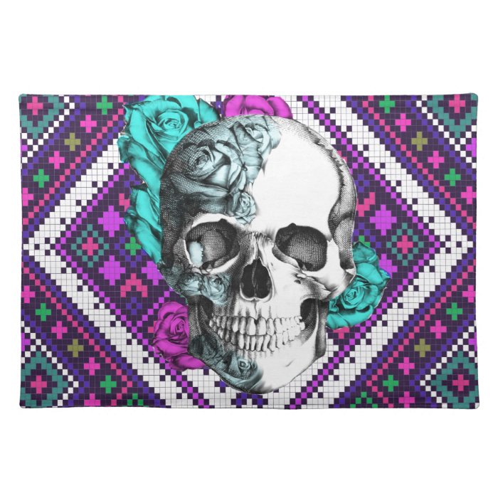 Aztec Rose skull on tribal pixel pattern. Placemats